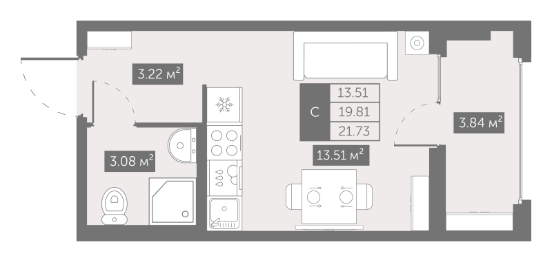 Студия 21,7 м²