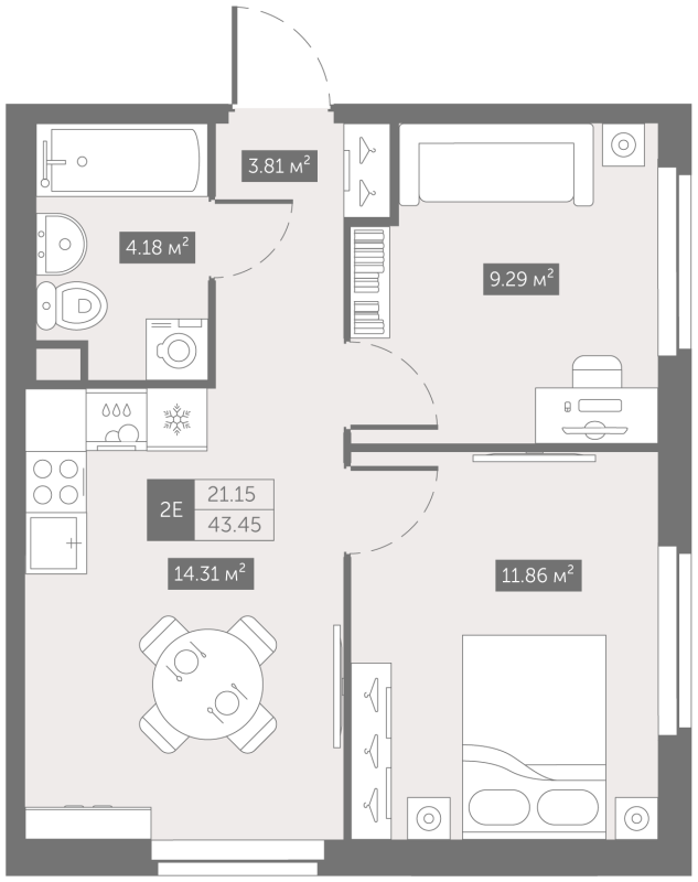 2 ккв 43,5 м²