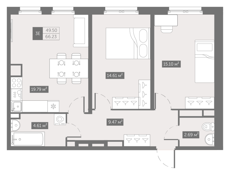 3 ккв (Евро) 66,2 м²