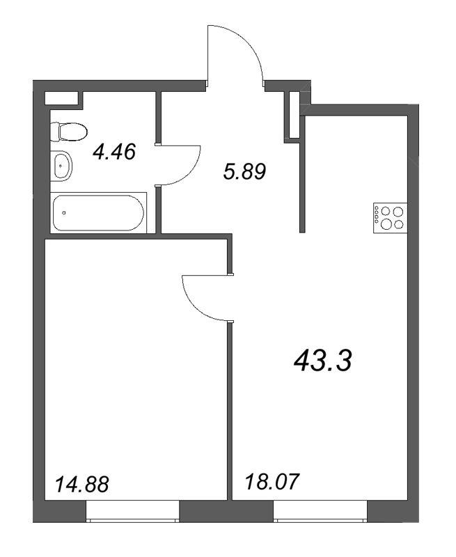 1 ккв 43,3 м²