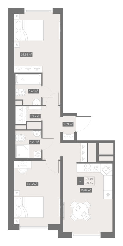 3 ккв (Евро) 59,7 м²