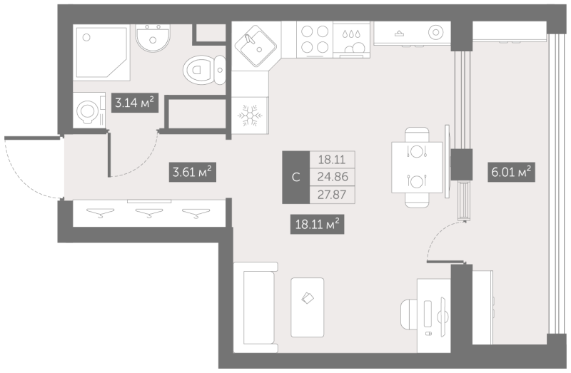 Студия 27,9 м²