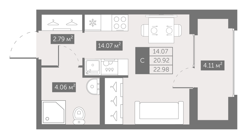 Студия 22,9 м²