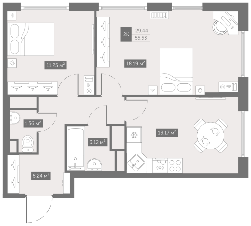 2 ккв 55 м²