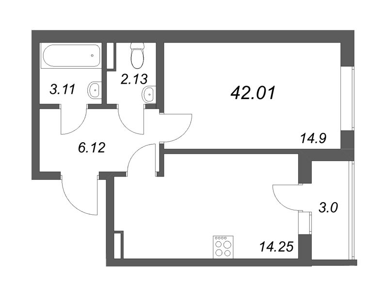 1 ккв 42 м²