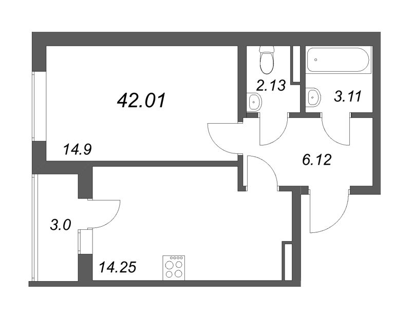 1 ккв 42 м²