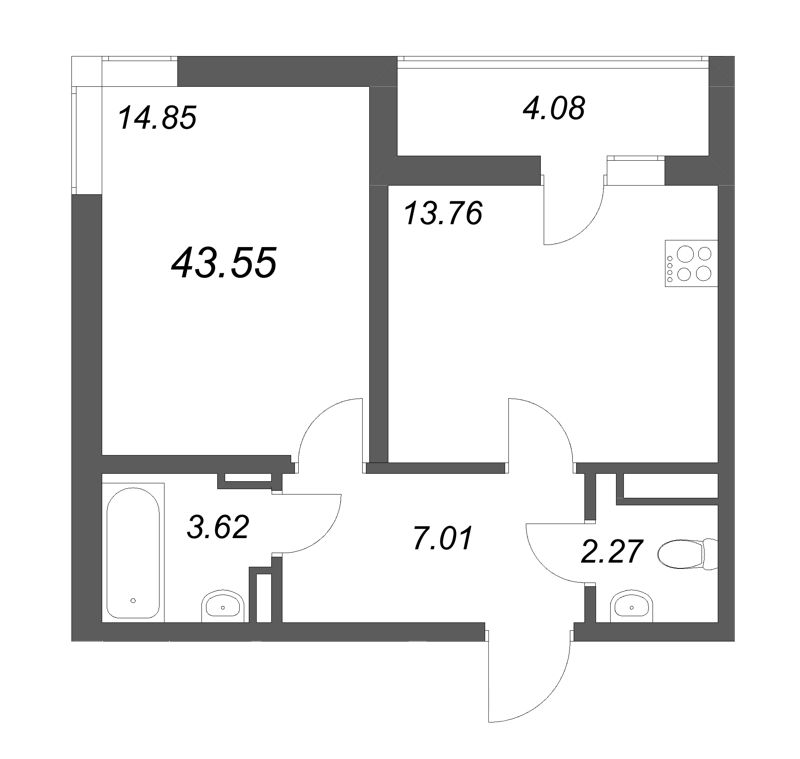 1 ккв 43,6 м²
