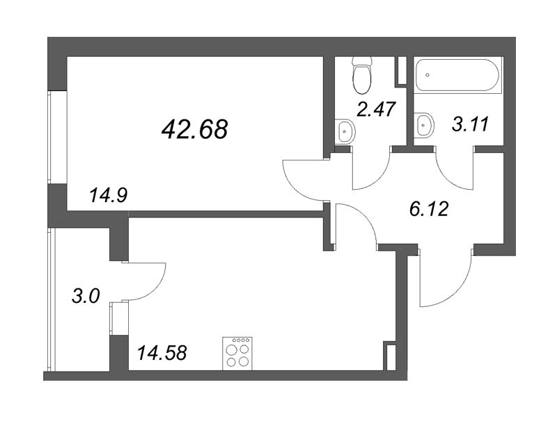 1 ккв 42,7 м²