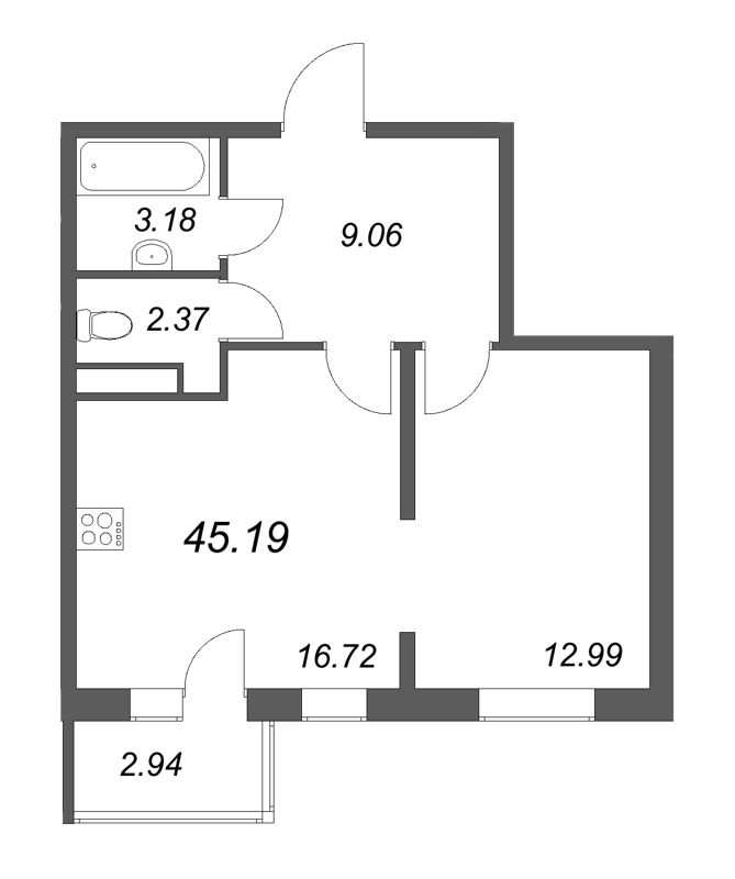 2 ккв (Евро) 45,2 м²