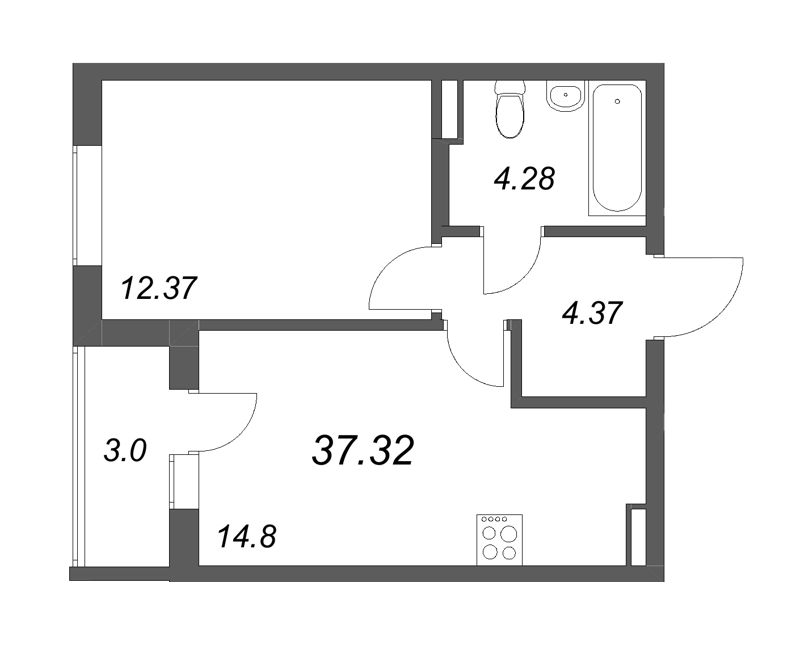 1 ккв 37,3 м²