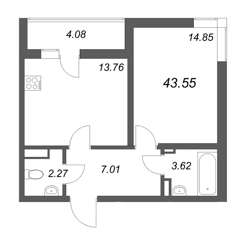 1 ккв 43,6 м²