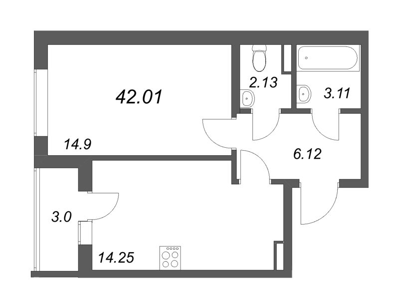 1 ккв 42 м²