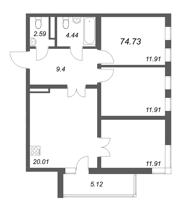 4 ккв (Евро) 74,7 м²