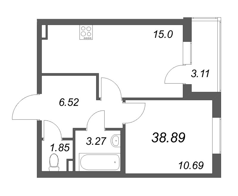 1 ккв 38,9 м²