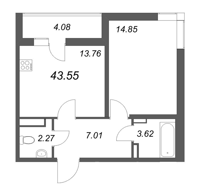 1 ккв 43,6 м²