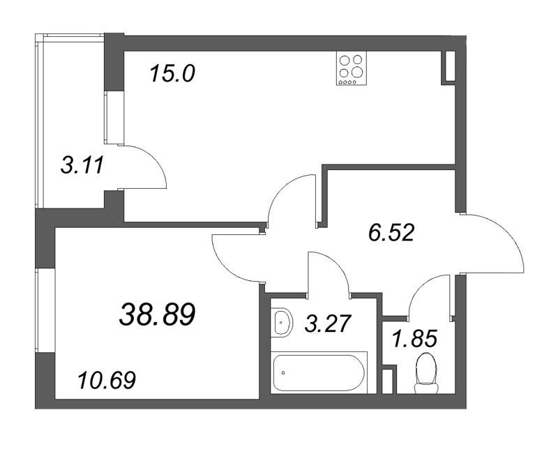 1 ккв 38,9 м²