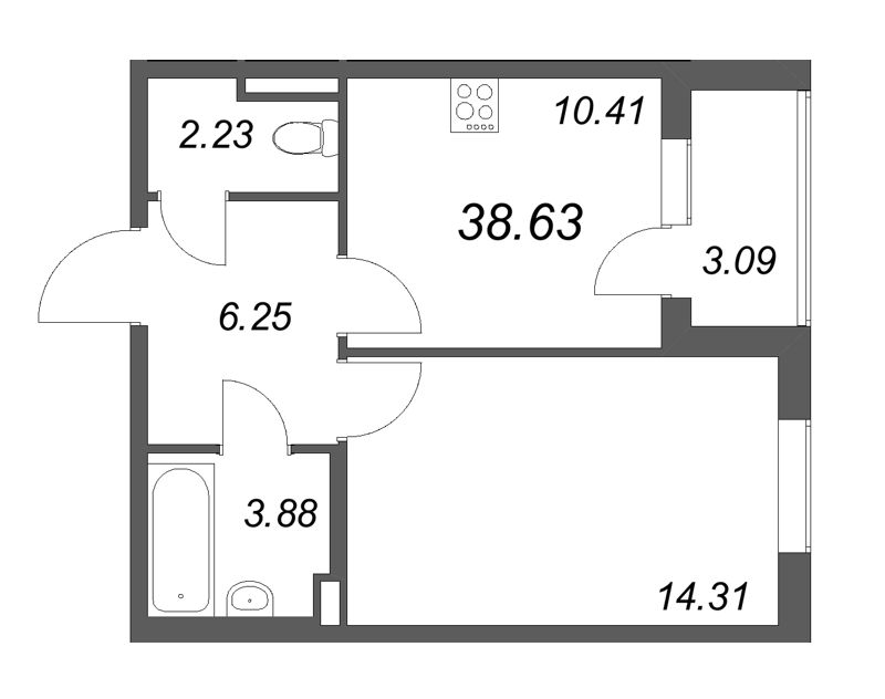 1 ккв 38,6 м²