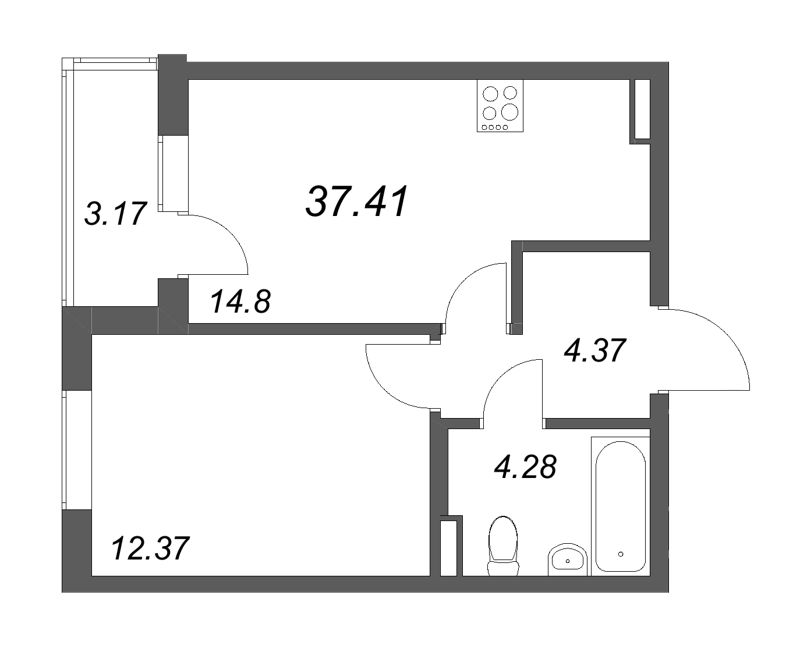 1 ккв 37,4 м²
