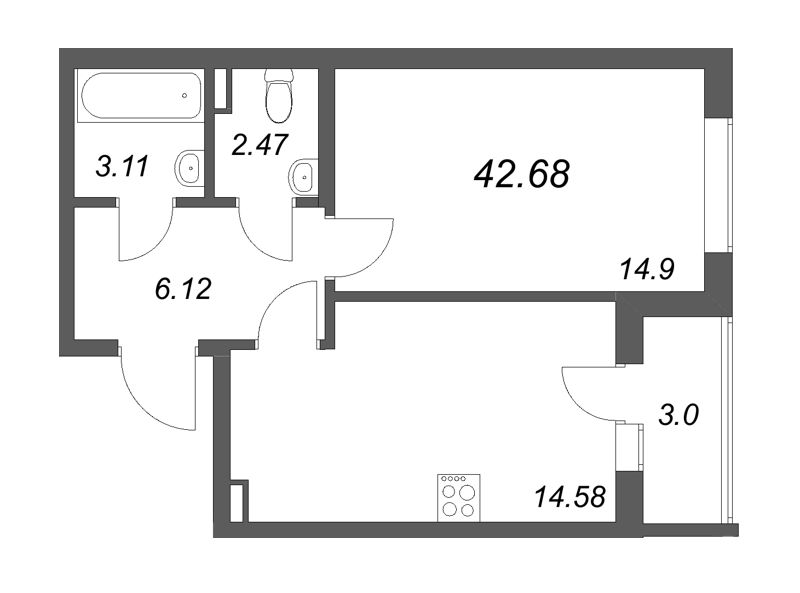 1 ккв 42,7 м²