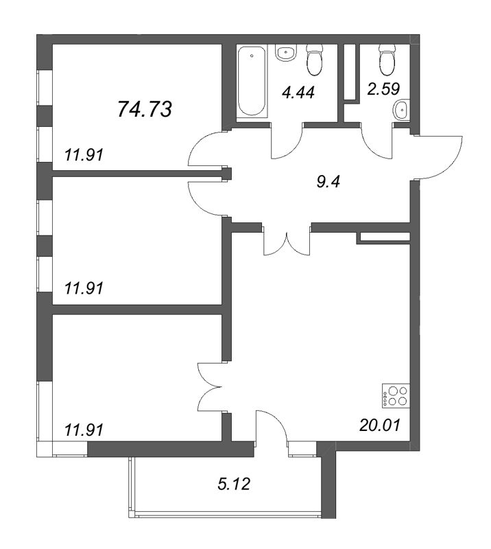 4 ккв (Евро) 74,7 м²