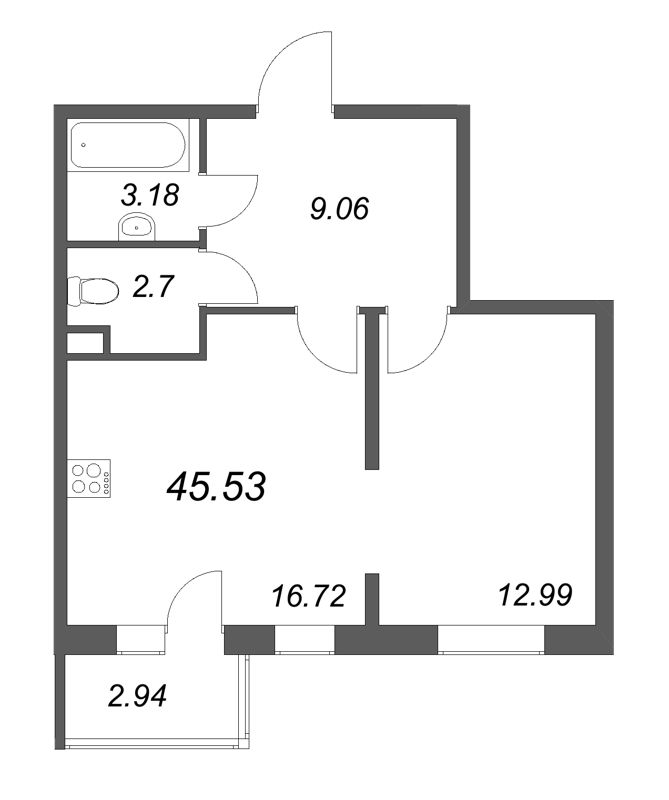 2 ккв (Евро) 45,5 м²