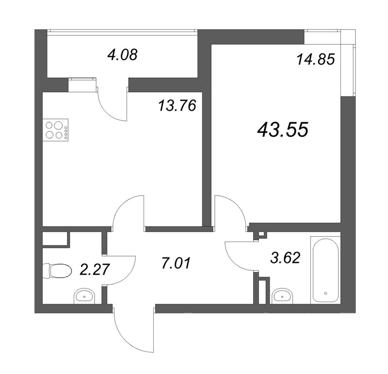 1 ккв 43,6 м²