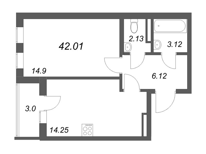 1 ккв 42 м²