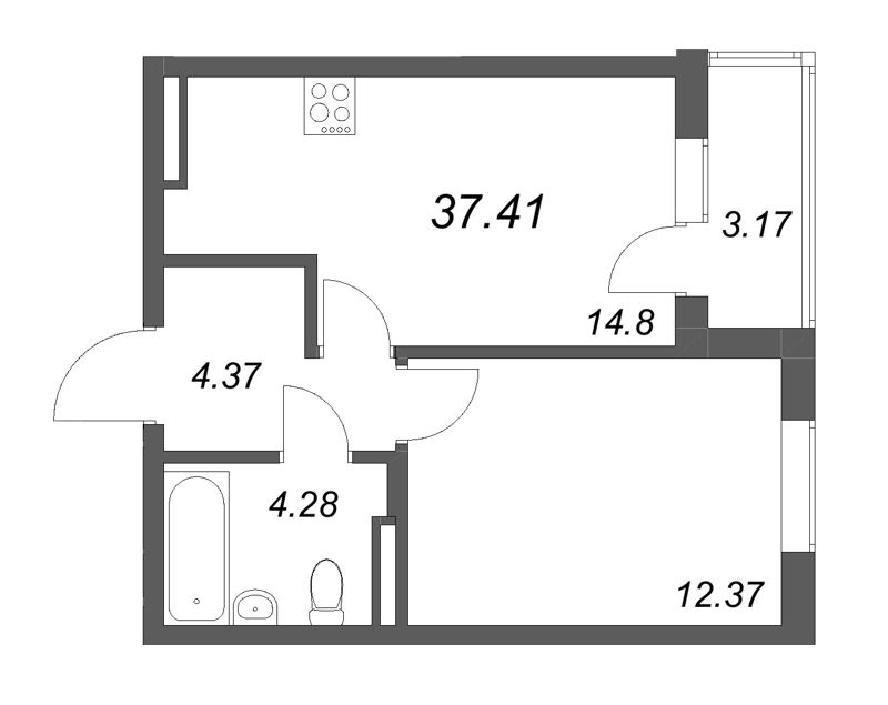 1 ккв 37,4 м²
