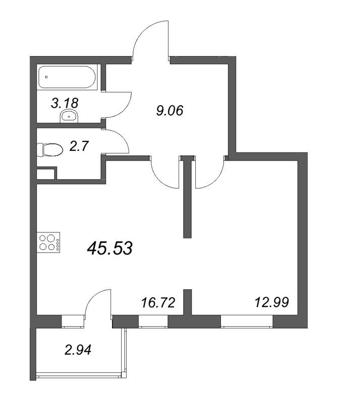 2 ккв (Евро) 45,5 м²