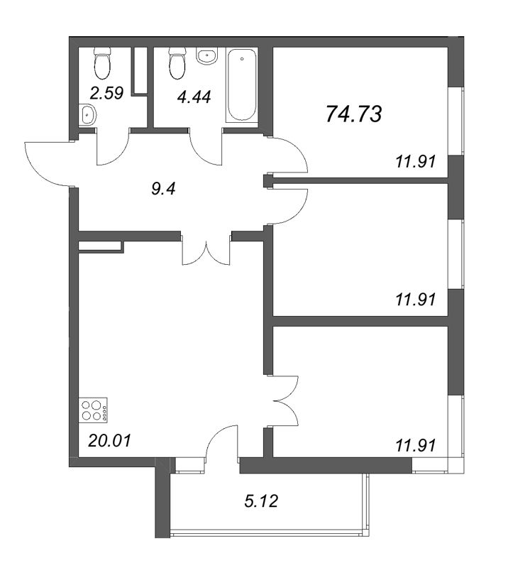 4 ккв (Евро) 74,7 м²