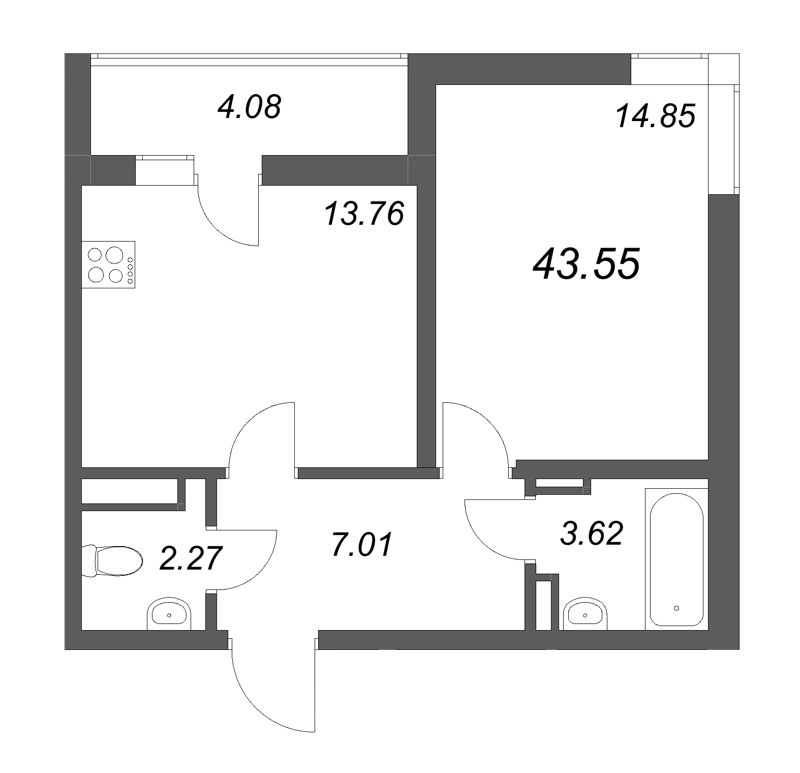1 ккв 43,6 м²