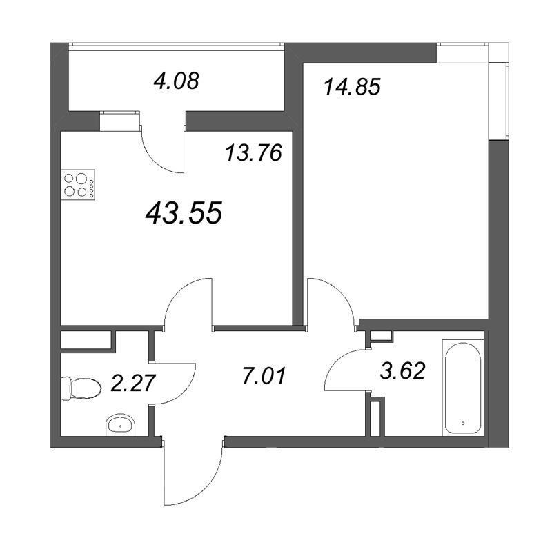 1 ккв 43,6 м²