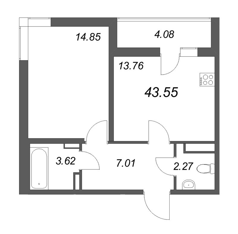 1 ккв 43,6 м²