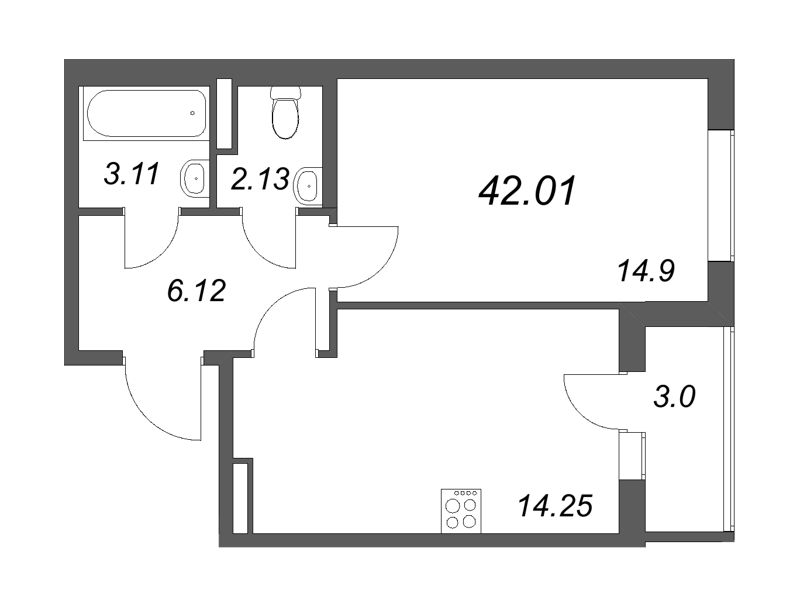 1 ккв 42 м²