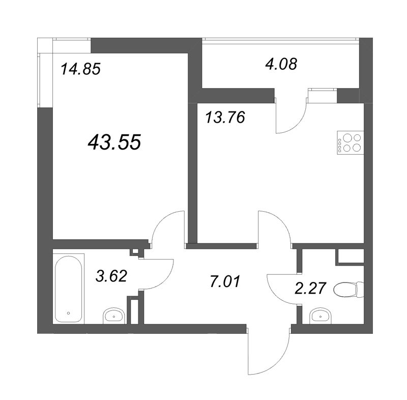 1 ккв 43,6 м²