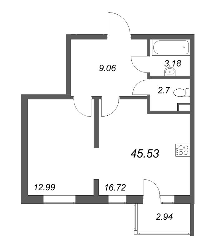 2 ккв (Евро) 45,5 м²
