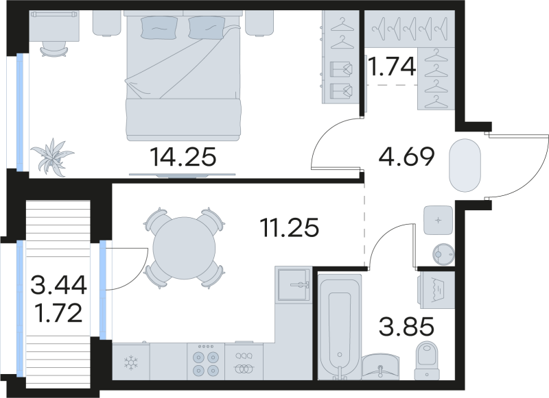 1 ккв 37,4 м²