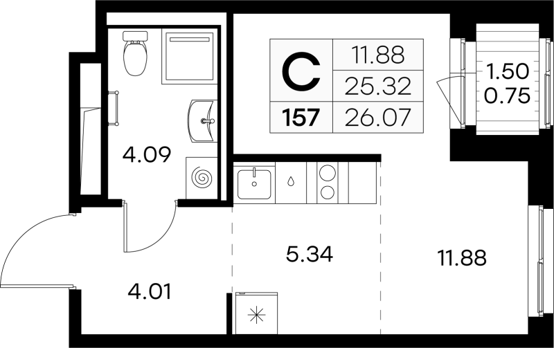 Студия 26 м²