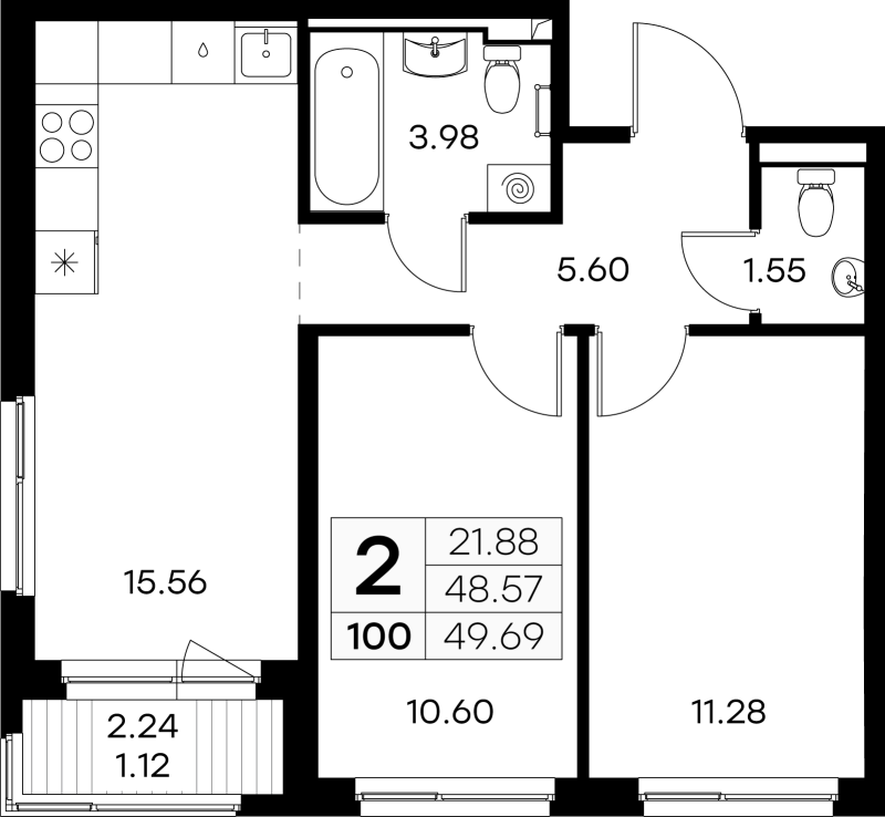 3 ккв (Евро) 49,7 м²