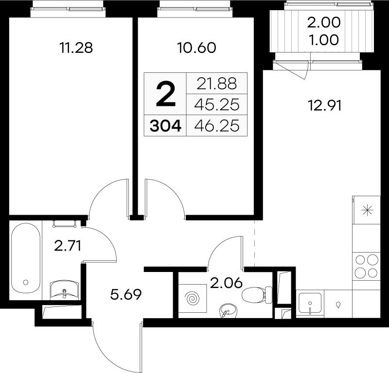 2 ккв 46,3 м²