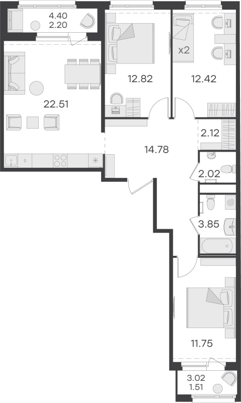 4 ккв (Евро) 85,4 м²