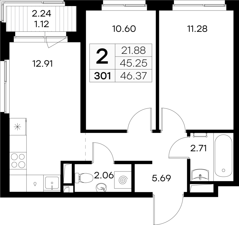 2 ккв 46,4 м²