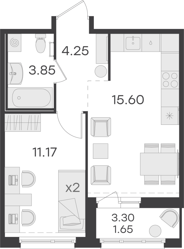 2 ккв (Евро) 36,3 м²