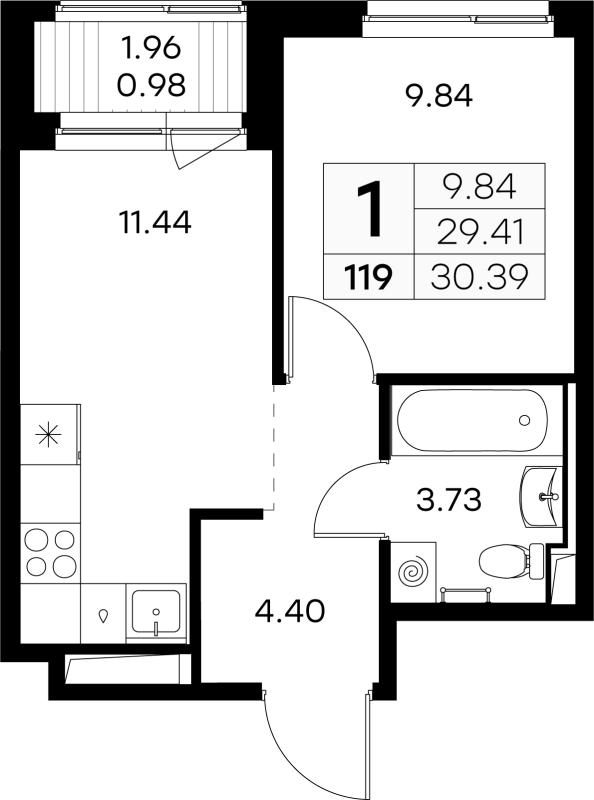 1 ккв 29,7 м²