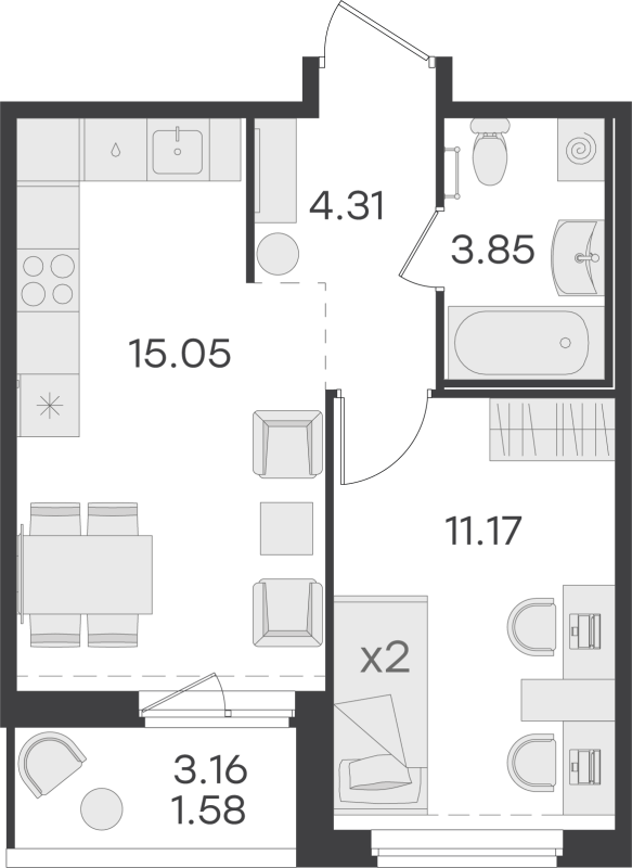 2 ккв (Евро) 36 м²