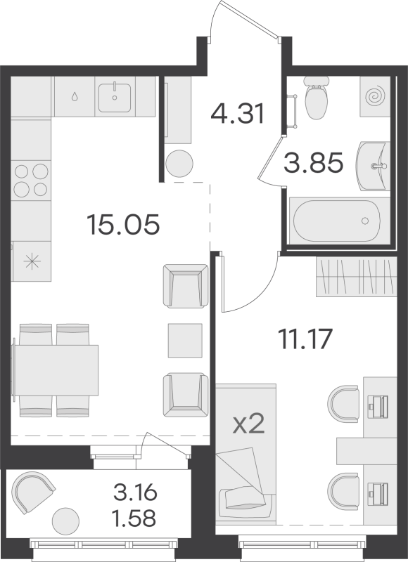 2 ккв (Евро) 35,6 м²