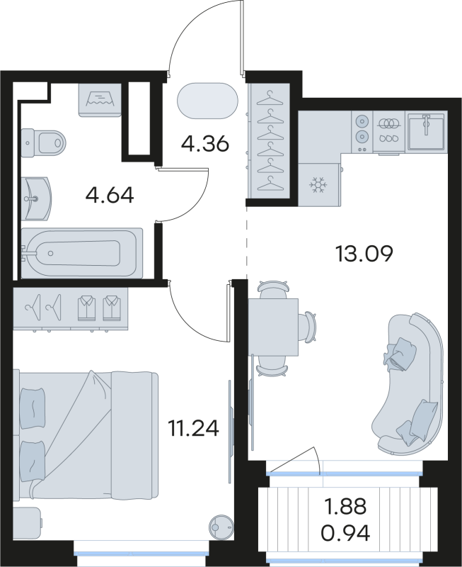 1 ккв 34,3 м²