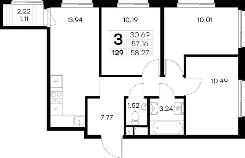 3 ккв 58,3 м²