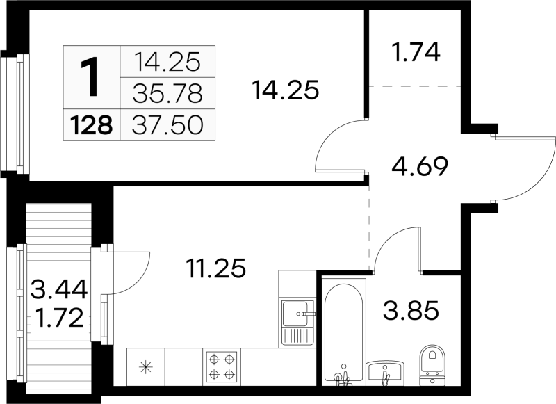 1 ккв 37,4 м²