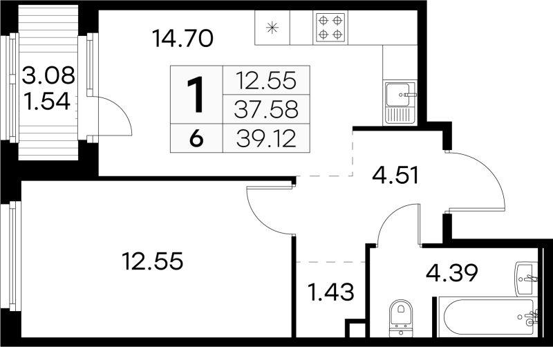 1 ккв 38,8 м²